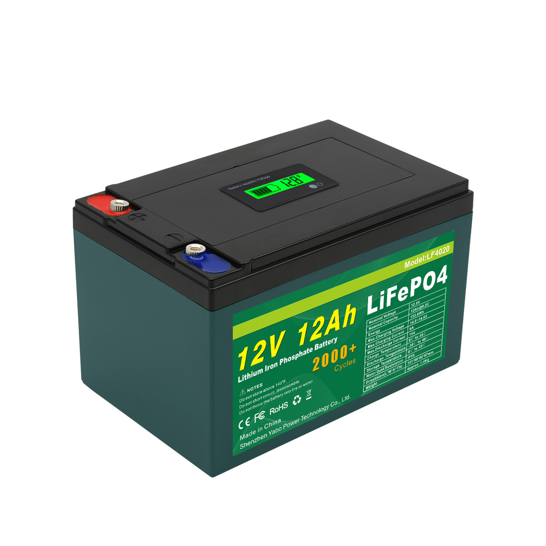 YABO 12V 12Ah Batterie en fer au lithium Forme